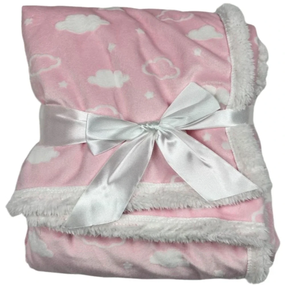 American Baby Pink White Cloud Blanket Soft Sherpa Stars Girl NWT